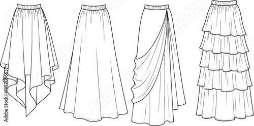 Cad drawing flat vector illustration of women's skirts, asymmetrical, draped, layered, technical sketch for fashion design, clothing front view