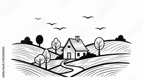 Black and White Cottage House Illustration.
