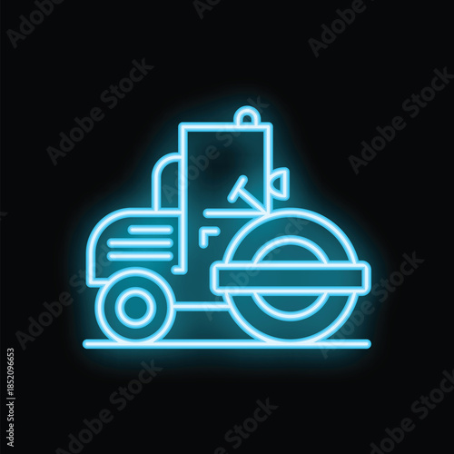 Blue neon sign of a road roller working on a black background