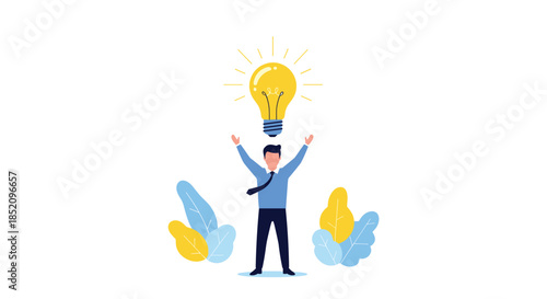 Businessman celebrating a great idea, standing with arms raised under a giant glowing lightbulb symbolizing innovation and creativity.