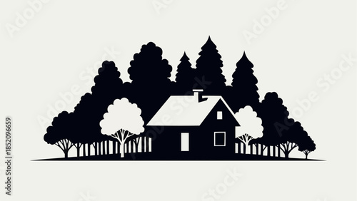 A black and white silhouette illustration of a cozy house surrounded by a dense forest of various trees, evoking a peaceful natural setting.