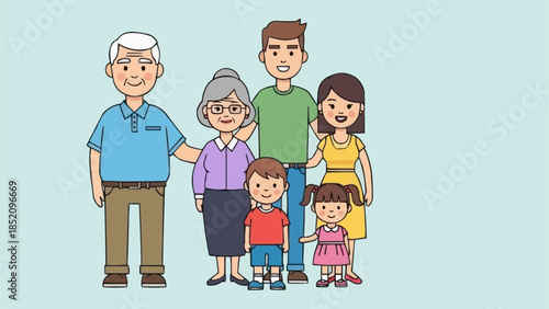 An illustration of a happy multi-generational family standing together, including grandparents, parents, and two children.