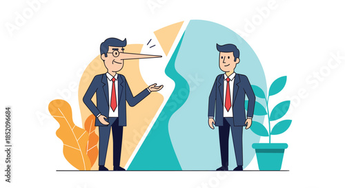 Dishonest businessman with a long pinocchio nose lying to a colleague, symbolizing deception and falsehood in corporate deals.