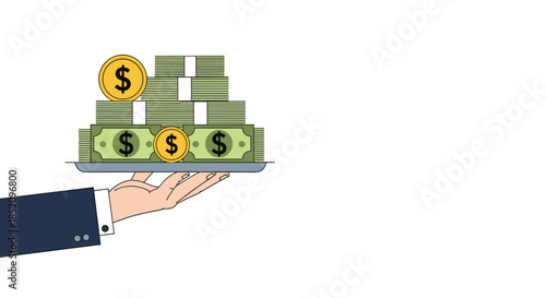 Hand in a business suit holding a silver platter with stacks of dollar bills and coins, representing wealth, service, and salary.
