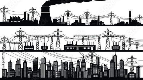 Industrial power grid illustration, urban city skyline, electricity transmission towers, factories and energy infrastructure, modern technology, pollution concept, 