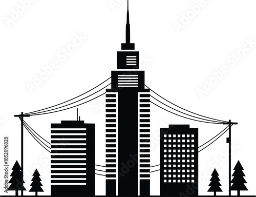 Modern smart city skyline vector illustration, urban buildings with electric power lines, renewable energy concept, sustainable infrastructure, technology network, clean energy, city silhouette