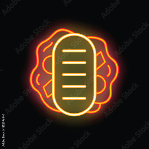 Neon sign of a hot dog with mustard and ketchup, glowing on a black background