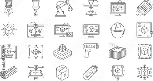 Cad drawing flat vector illustration, 3D printing icons, industrial technology design, mechanical engineering outline, machine tool line art set