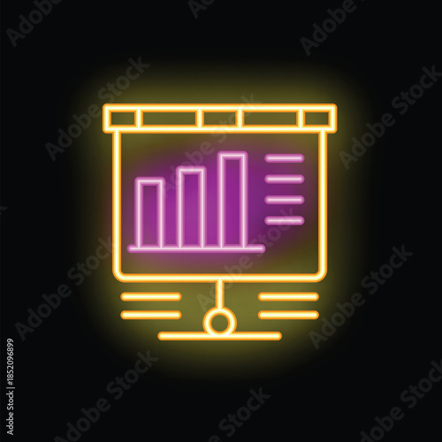 Neon flip chart with growing chart bars and copy space for business presentation