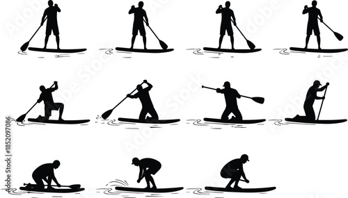 Stand up paddleboard silhouette sequence illustration showing various SUP paddling poses balance training water sports motion technique isolated on white background vector style design