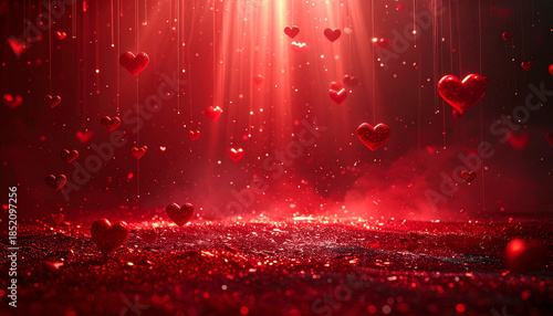 Glowing red heart shapes float in dreamy, atmospheric background with soft falling particles and cinematic lighting, creating romantic and magical mood