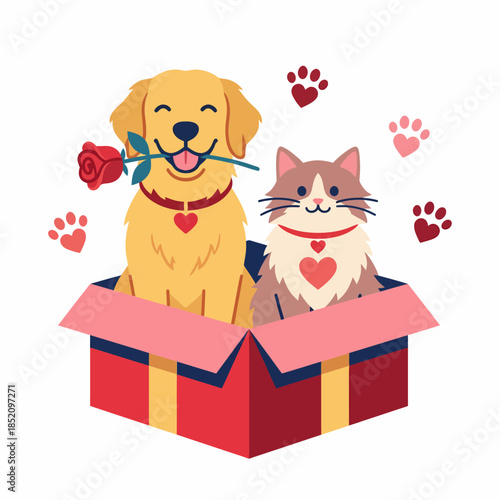 Cute dog and cat in a gift box with hearts and a rose, celebrating love and friendship