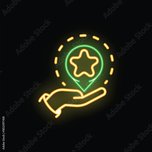 Neon sign of a hand holding a location pin with a star in it on a black background