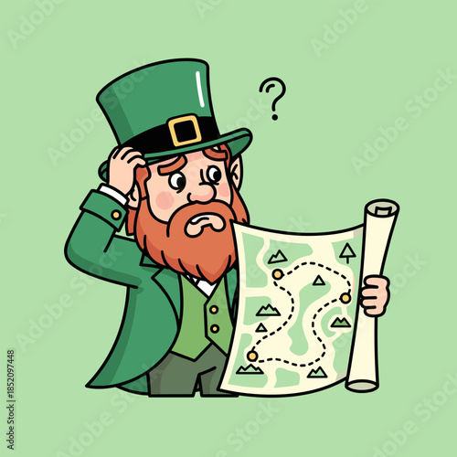 Confused Leprechaun Examining a Treasure Map with a Question Mark.