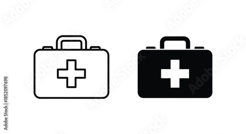 Two medical cases with a cross symbol one filled and one outlined silhouette
