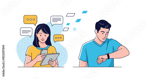 Impatient man looking at his watch while waiting for a reply from a woman who is busy texting on her phone and tablet.