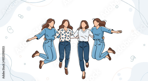 Group of four happy young women friends with their arms around each other, jumping for joy and celebrating their friendship.
