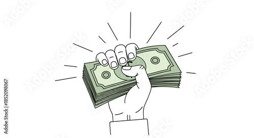 Hand in a formal sleeve holding a thick stack of glowing dollar bills, symbolizing wealth, payment, success, and financial power.