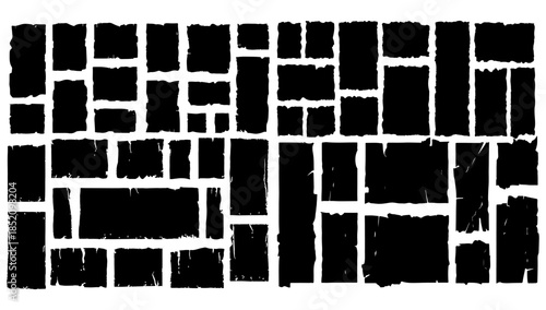 Set of grunge jagged rectangle shape black and white. Rough vector illustration edge template. Cardboard scrap collage frame and old page scratch sheet. Torn banner tag empty