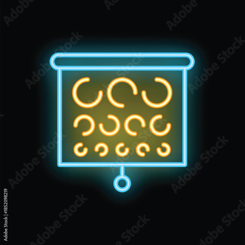Glowing neon line eye test chart displaying at clinics for checking eyesight icon isolated on black background. Vector illustration