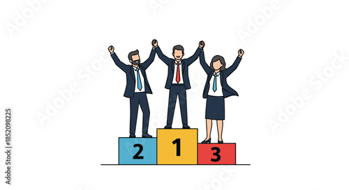 Business team celebrating their victory on a winner's podium, with the leader at the first place spot, showing success.