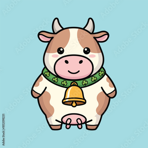 Cartoon Cow with Bell and Shamrock Collar Illustration.