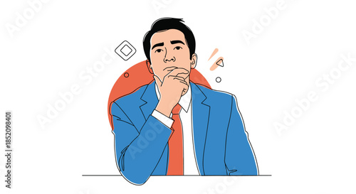 Thoughtful businessman in a blue suit with his hand on his chin, contemplating a difficult problem or making a serious decision.