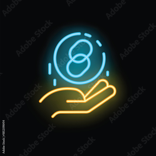 Neon sign of a hand holding an infinity symbol, representing the concept of limitless possibilities