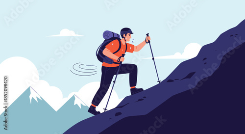 Determined male hiker with a backpack and trekking poles climbing a steep mountain, symbolizing challenge, adventure, and goals.