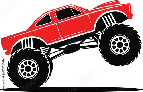 truck extreme red sports vehicle icon with large wheels and jump pose