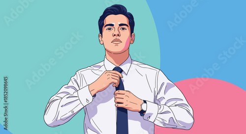Confident and handsome young businessman adjusting his tie, looking determined and ready for work against a colorful background.