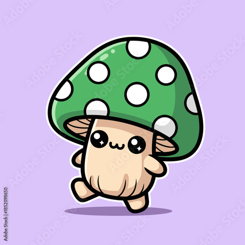 Cute Mushroom Character with Green Cap and White Spots.