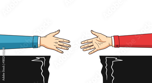 Two hands reaching across a chasm to shake, symbolizing bridging a gap, reconciliation, agreement, and problem-solving.