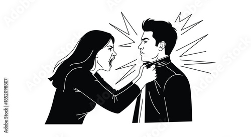 Angry and aggressive woman shouting at a man while grabbing his collar, illustrating a heated argument and relationship conflict.