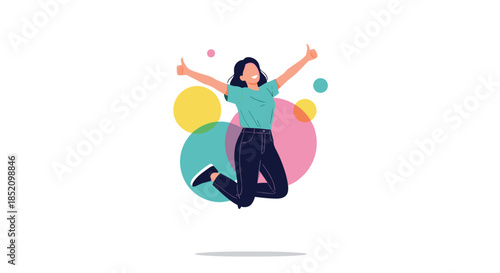 Happy and energetic young woman jumping with joy and giving thumbs up, celebrating a success against colorful abstract circles.
