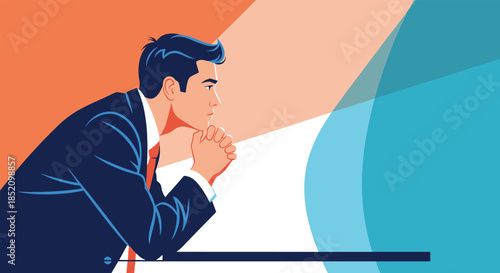 Side profile of a pensive businessman in a suit, looking into the distance with a thoughtful and serious expression on his face.