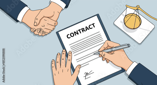 People signing a legal contract with a handshake in the background and scales of justice, symbolizing a binding agreement.