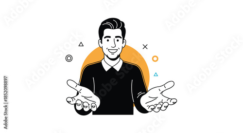 Friendly and welcoming young man smiling with his hands open in a gesture of invitation, help, or presentation.