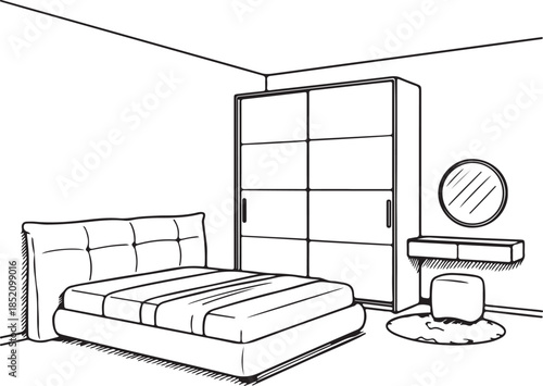  Bedroom interior design sketch with wardrobe bed and dressing table in black and white line art style minimalist home decor illustration