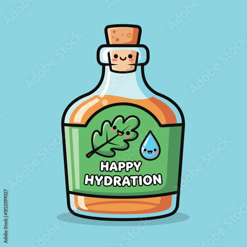 Cute Cartoon Bottle of Happy Hydration Potion with Leaf and Water Drop.