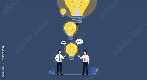 Two businessmen standing and exchanging creative ideas, represented by light bulbs floating above their heads in a brainstorming session.