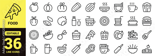 A collection of minimalist line art icons depicting various foods beverages and kitchen utensils is displayed