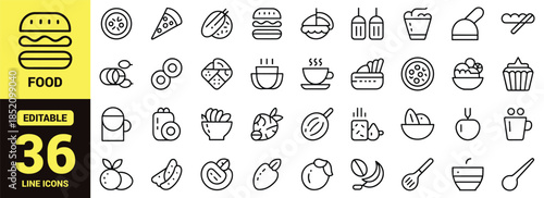 A collection of minimalist line art icons depicting various foods beverages and kitchen utensils is displayed