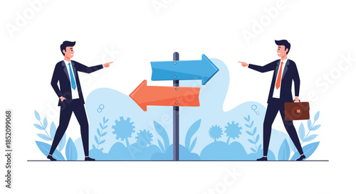 Two businessmen arguing and pointing at each other while standing beside a signpost with arrows showing opposite directions of choice.