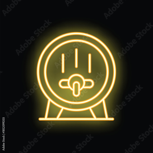 Yellow neon sign in the shape of a classic beer barrel with tap, glowing on a black background