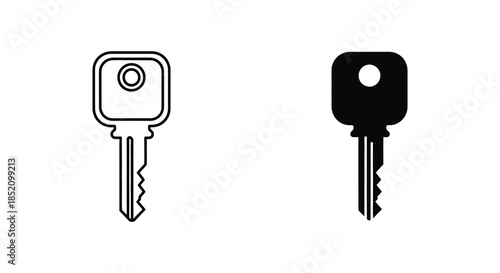 Two distinct key designs displayed side by side one in outline one a silhouette