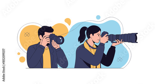 Professional male and female photographers standing with their digital cameras, one with a telephoto lens, ready for a photoshoot.