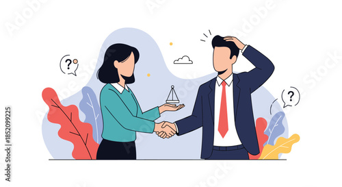 Businesswoman making a deal and shaking hands with a confused businessman who is scratching his head with uncertainty.