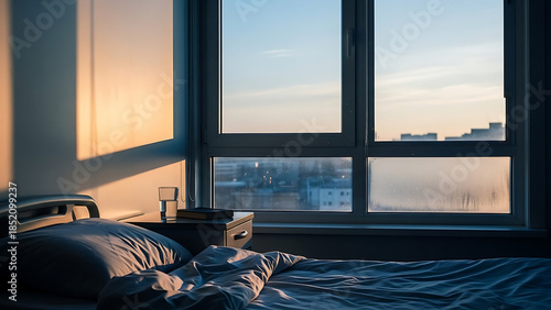 Empty hospital room with bed and sunset view