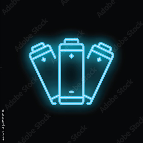 Blue neon sign representing three batteries forming a triangle, evoking the concept of energy and power